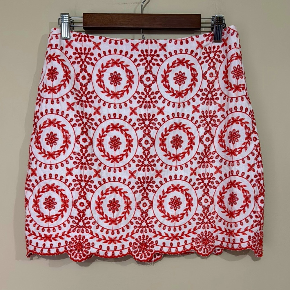 LOFT Coral White Cotton Eyelet Embroidered Scallop Edge A-Line Skirt Women Sz4